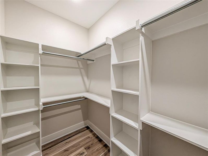 Walk in closet featuring wood finished floors Walk in closet featuring wood finished floors