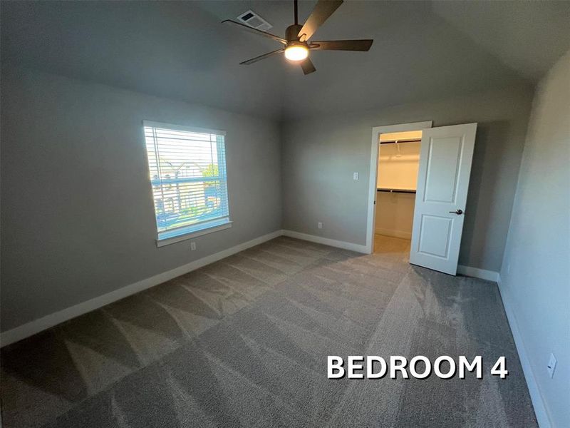 Carpeted room featuring a ceiling fan with integrated lighting, a window with blinds, and a walk-in closet with shelving Carpeted room featuring a ceiling fan with integrated lighting, a window with blinds, and a walk-in closet with shelving