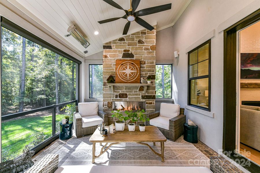 Stacked stone fireplace