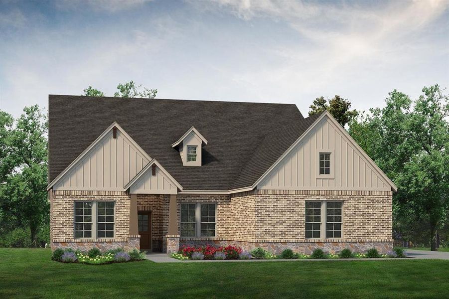 Front exterior of a new home in Terra Escalante, Blue Ridge, TX, highlighting curb appeal (Image 1). Front exterior of a new home in Terra Escalante, Blue Ridge, TX, highlighting curb appeal (Image 1).