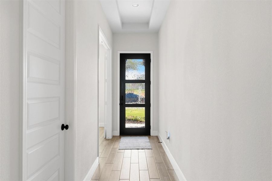 Entryway featuring wood-finish flooring and a contemporary black door with three rectangular glass panels