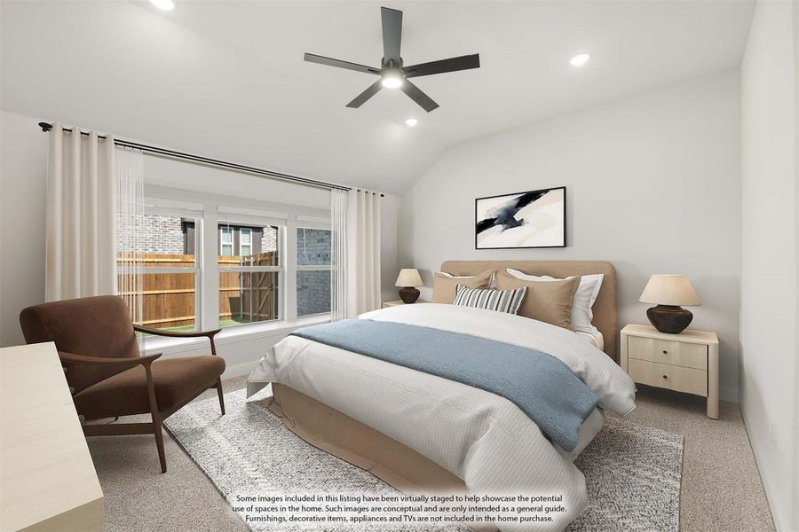 Bedroom with vaulted ceiling, ceiling fan, large windows, and neutral carpet flooring