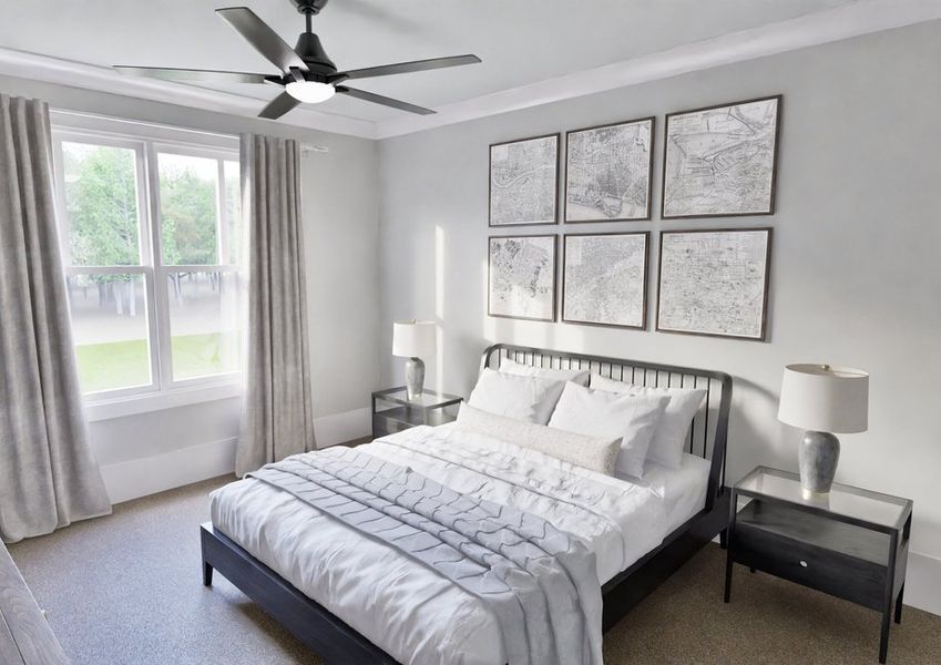 A cozy bedroom featuring a ceiling fan  large window and a cozy bed, creating a bright and comfortable atmosphere.