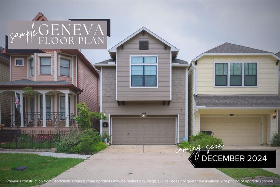 Welcome Home: Step into the welcoming front view of Sandcastle Homes' Geneva floor plan, a two-story masterpiece nestled amidst lush landscaping, complete with a private drive that whispers of conveniences to come from the first glance.