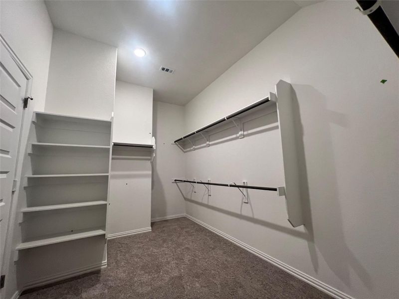 Walk in closet featuring dark carpet