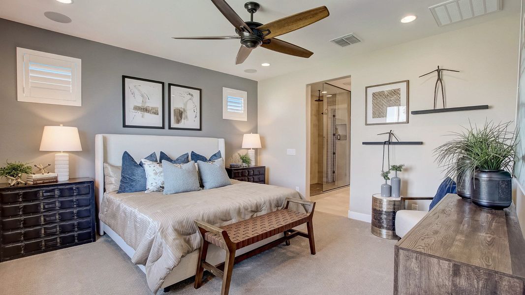 Explore the Bluebell primary bedroom by DRB Homes at Anderson Parc, Lot 171, 2158 S 242nd Lane in Buckeye, Arizona.