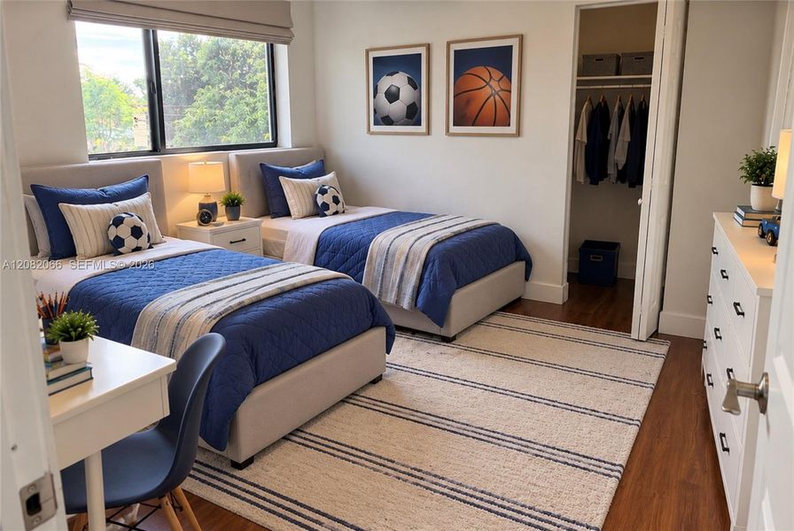 AI Generated Bedroom featuring wood-finish flooring, a neutral color palette, natural lighting, and a closet with built-in shelving