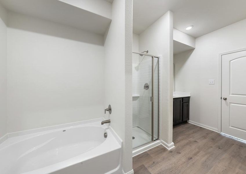 The master bathroom has a large walk-in, glass shower and a garden tub.