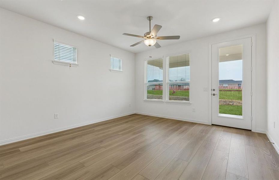 Gathering room with ceiling fan