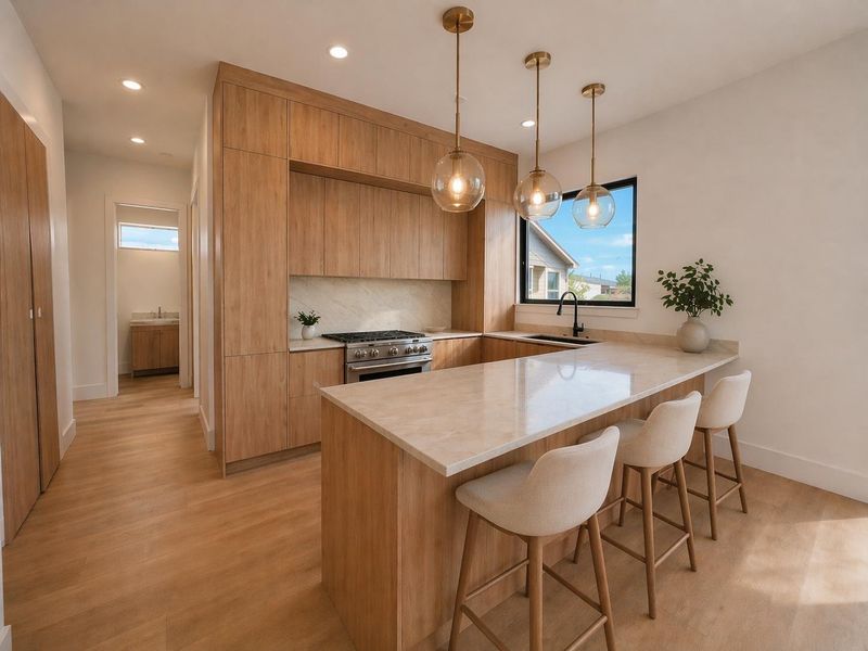 Bright and functional kitchen featuring a quartz island, abundant cabinet storage, and plenty of natural light, designed for both everyday living and effortless entertaining.