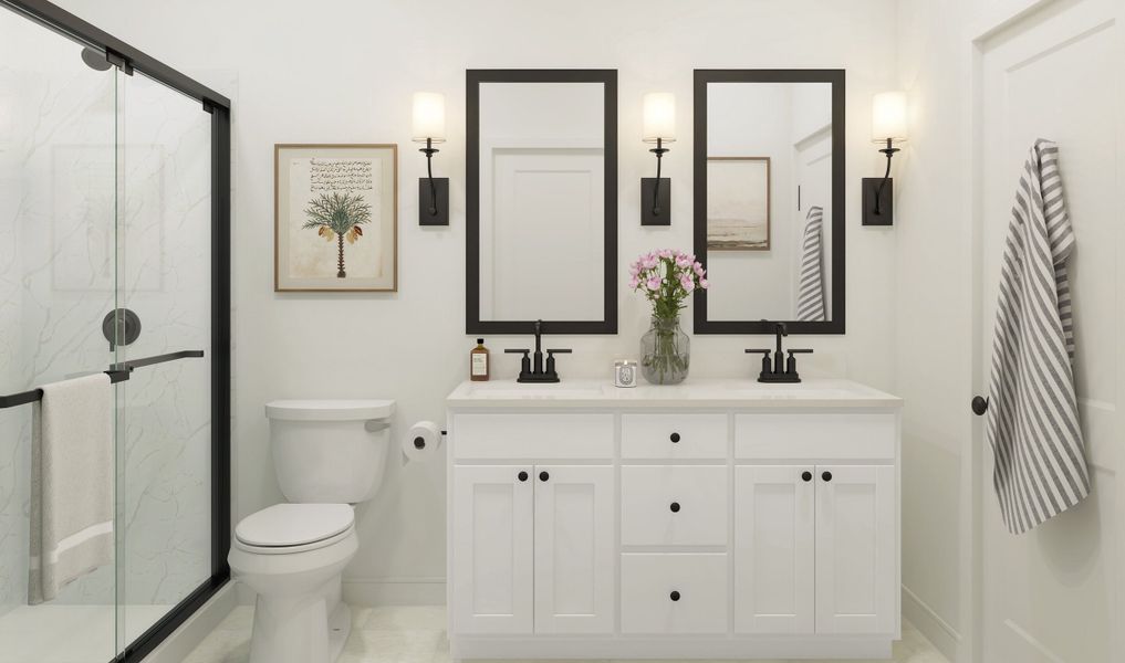 Primary bath with dual sinks and matte black fixtures throughout