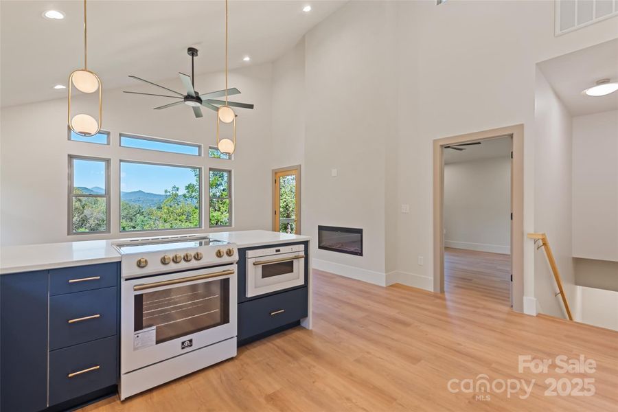 Range with long range views, electric fireplace with lime washed finish