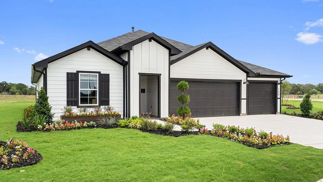 Front exterior of a new home in Railhead, Cedar Creek, TX, highlighting curb appeal (Image 23).