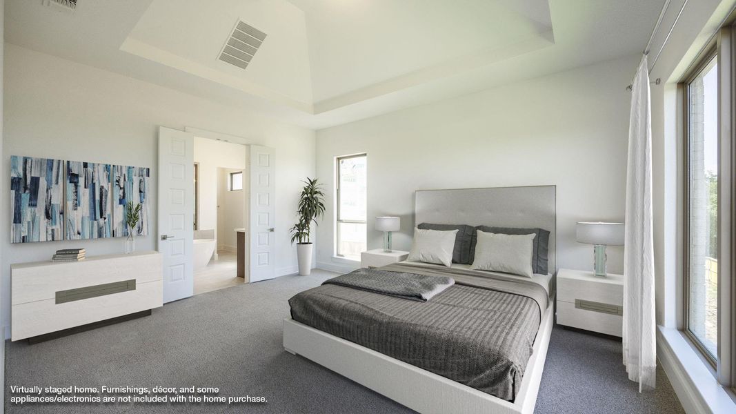 Bedroom featuring carpet, a raised ceiling, and multiple windows Bedroom featuring carpet, a raised ceiling, and multiple windows