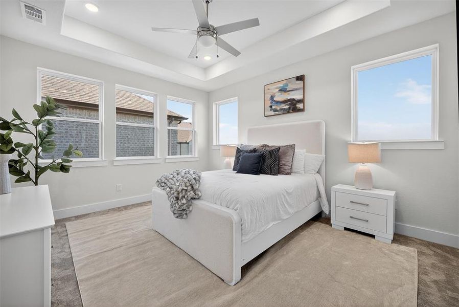 Bedroom featuring a raised ceiling and a ceiling fan Bedroom featuring a raised ceiling and a ceiling fan