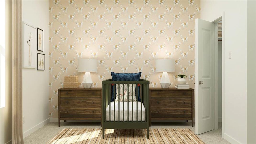 Carpeted bedroom with a nursery area