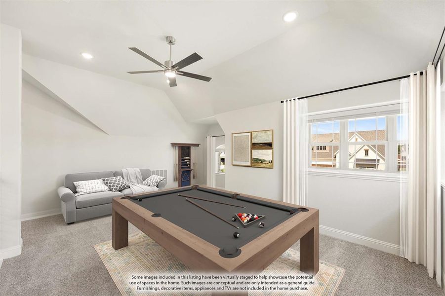 Game room with pool table, vaulted ceiling, ceiling fan, and carpet flooring