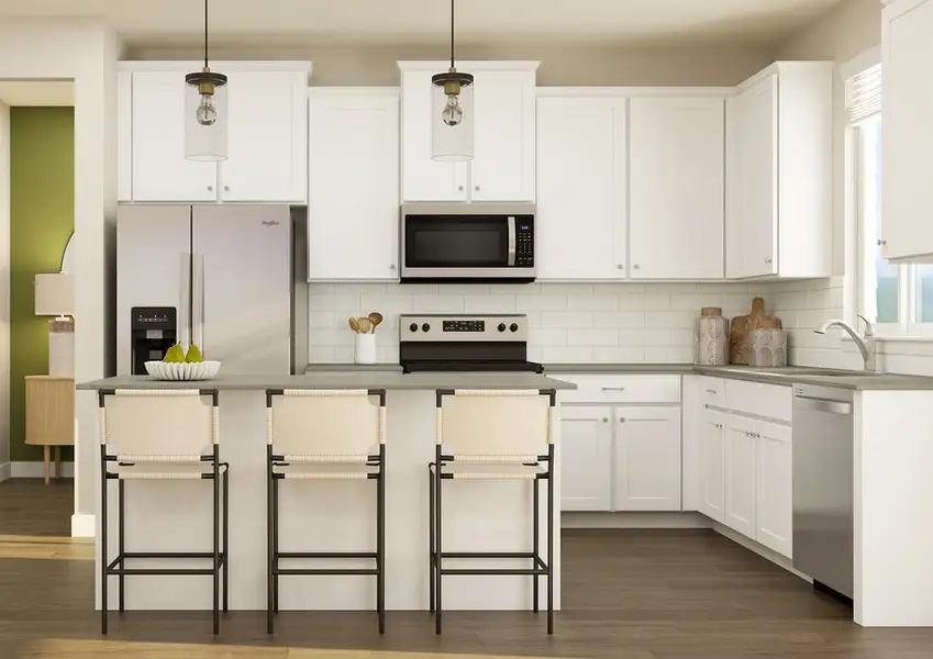 Rendering of kitchen with white cabinetry and stainless-steel appliances. Rendering of kitchen with white cabinetry and stainless-steel appliances.