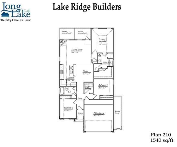 Plan 210, 1 story plan,  features 3 bedrooms, 2 full baths,  and over 1,500 square feet of living space.