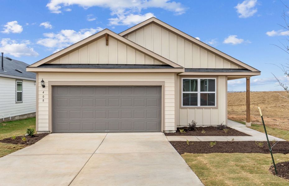 Front exterior of a new home in Larson Crossing, Elgin, TX, highlighting curb appeal (Image 18).