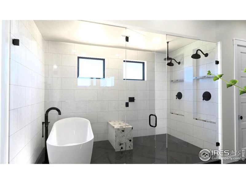 Master Bath wet room with 3 shower heads including rain head