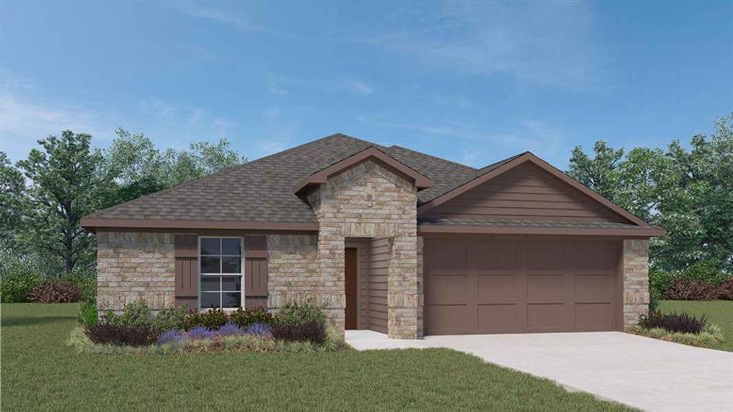 Front exterior of a new home in Stonewyck Farms, Ennis, TX, highlighting curb appeal (Image 1). Front exterior of a new home in Stonewyck Farms, Ennis, TX, highlighting curb appeal (Image 1).
