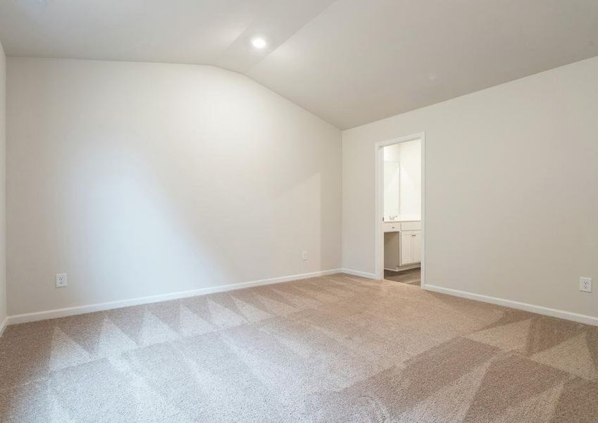 Master bedroom with carpet and high ceilings.