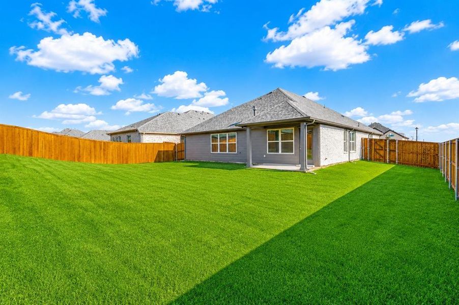 Expansive green lawn with a newly installed wood privacy fence