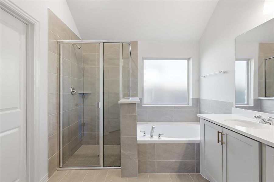 Bathroom with lofted ceiling, vanity, a bath, and a shower stall Bathroom with lofted ceiling, vanity, a bath, and a shower stall