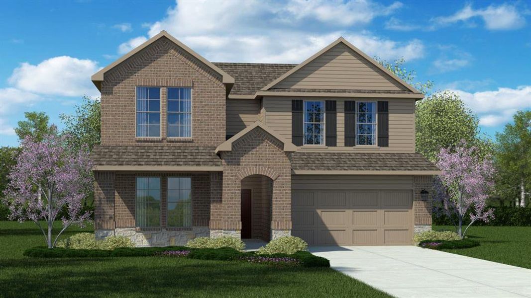Front exterior of a new home in Eagle Creek, Denton, TX, highlighting curb appeal (Image 2). Front exterior of a new home in Eagle Creek, Denton, TX, highlighting curb appeal (Image 2).