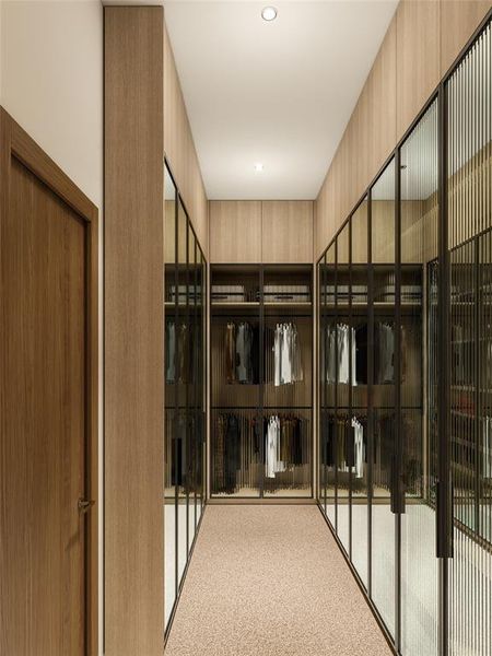 Walk-in closet featuring light wood-finish cabinetry and integrated shelving