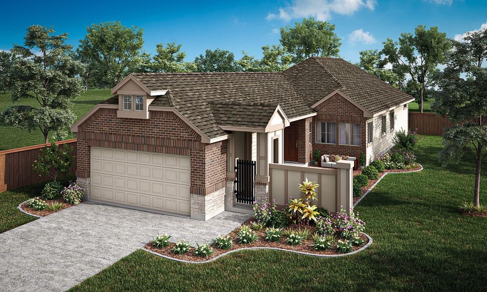 Representative exterior photo of a completed home built from the Toscana by Pacesetter Homes in Keeneland, Aubrey, TX (Image 1). Representative exterior photo of a completed home built from the Toscana by Pacesetter Homes in Keeneland, Aubrey, TX (Image 1).