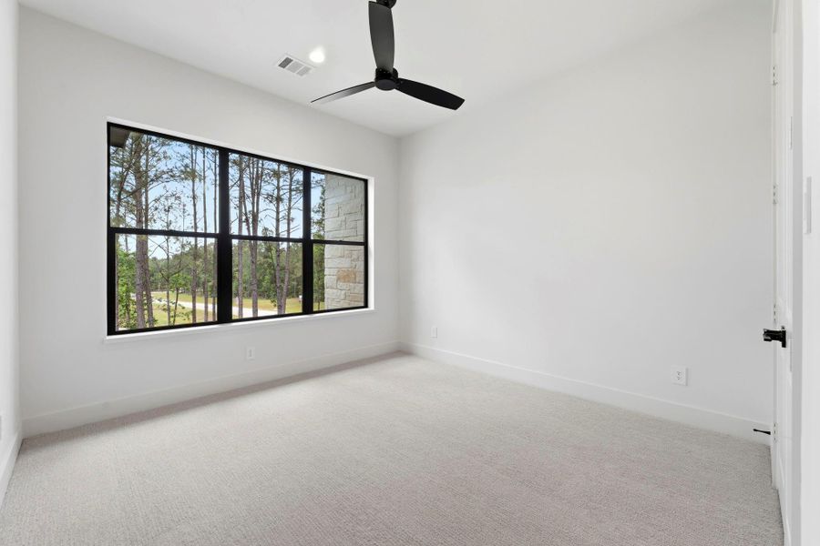 Bedroom #5 (Located Upstairs) Painted Light and BRIGHT, PLUSH carpet, and black ceiling fan!