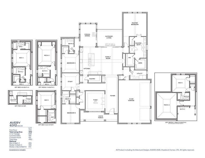 2D floor plan layout for the Avery - SH 6312 by Shaddock Homes in Winding Creek, Rockwall, TX (Image 3).