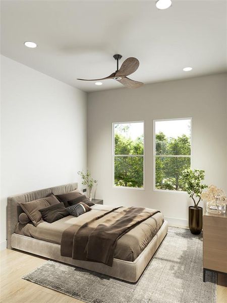 This is a bright, modern bedroom featuring a large bed with neutral bedding, a unique ceiling fan, recessed lighting, and a view of greenery through two windows.