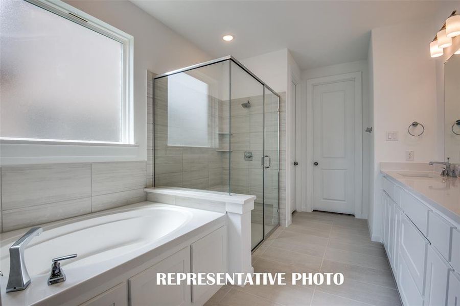 Wash your cares away at the end of a long day in this peaceful owner's bath featuring a lovely garden tub and oversized walk in shower.  REPRESENTATIVE PHOTO