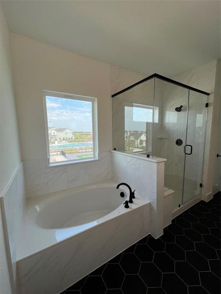 Wonderful garden tub next to walk-in shower/quartz bench