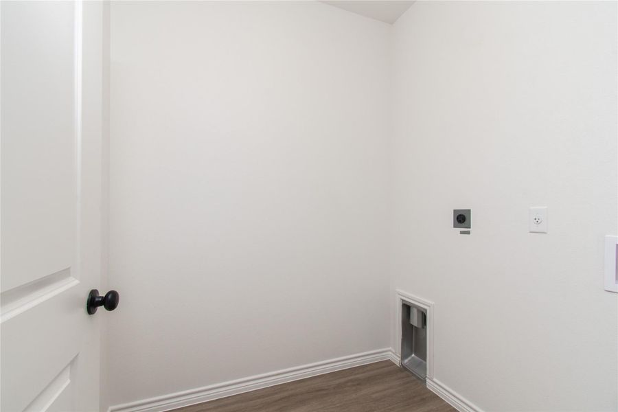 Laundry area featuring electric dryer hookup and dark wood-type flooring