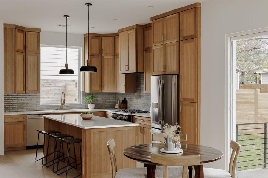 Kitchen featuring hanging light fixtures, stainless steel appliances, a breakfast bar area, a center island, and tasteful backsplash