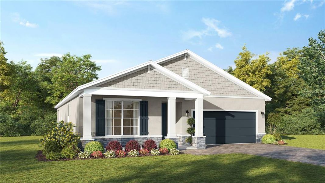 Front exterior of a new home in Estes Reserve, Eustis, FL, highlighting curb appeal (Image 1).