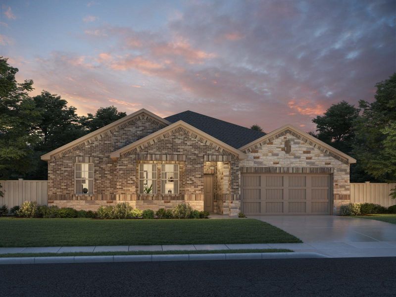 Front exterior of a new home in Big Sky Ranch - Executive Collection, Dripping Springs, TX, highlighting curb appeal (Image 1). Front exterior of a new home in Big Sky Ranch - Executive Collection, Dripping Springs, TX, highlighting curb appeal (Image 1).