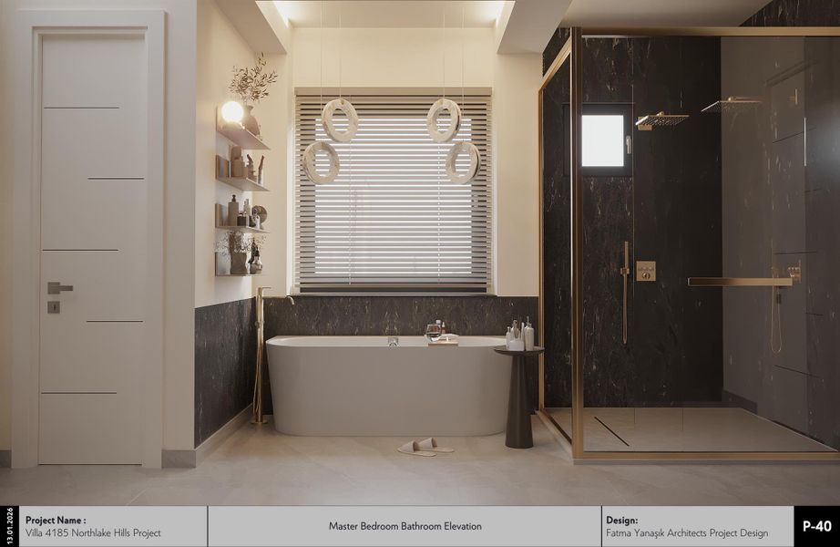 Full bath featuring a marble finish shower and a freestanding tub