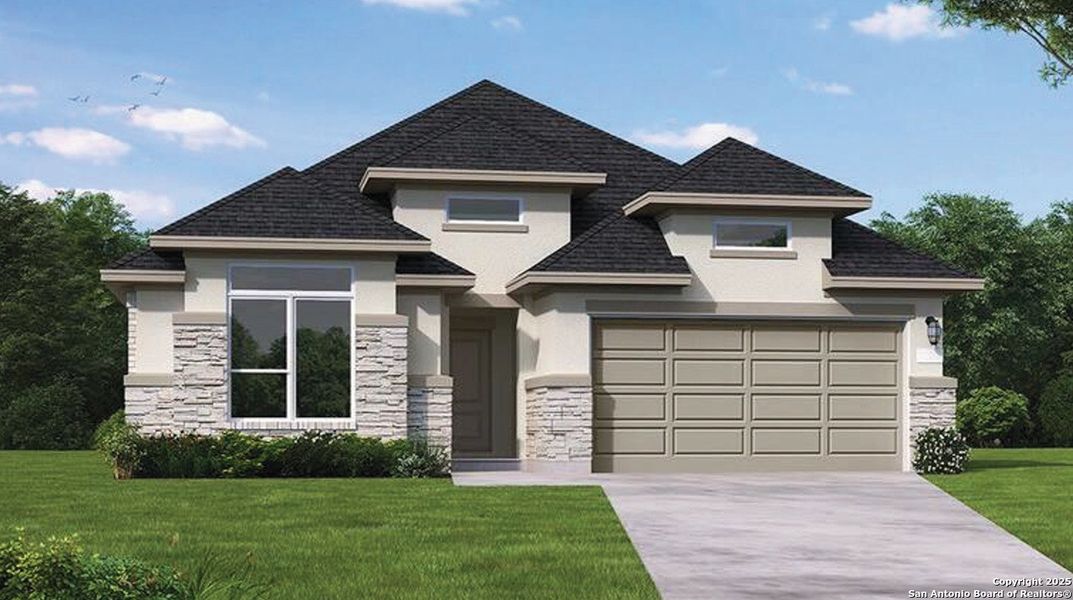 Front exterior of a new home in Mayfair, New Braunfels, TX, highlighting curb appeal (Image 1). Front exterior of a new home in Mayfair, New Braunfels, TX, highlighting curb appeal (Image 1).