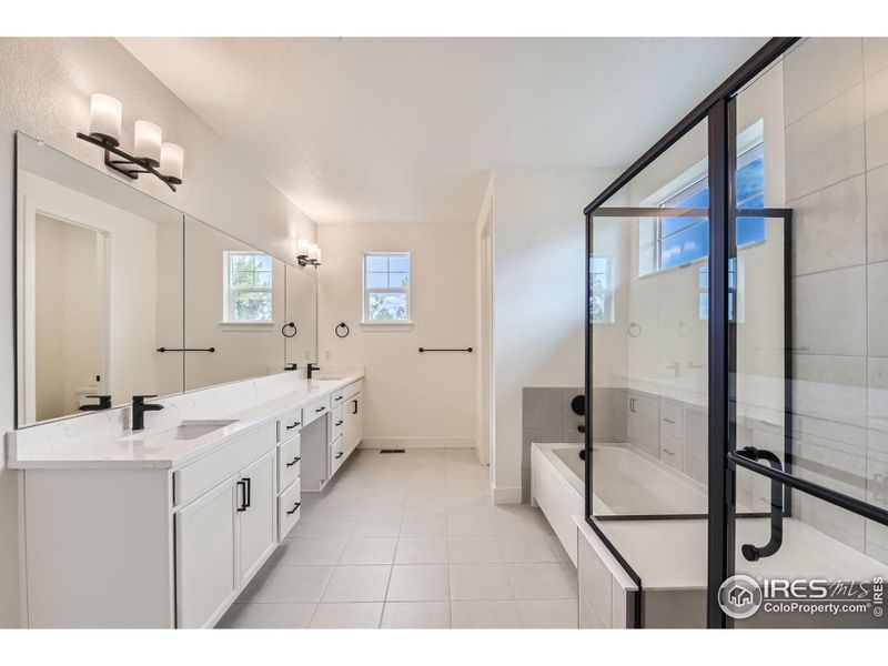 Private master bathroom with long double vanity, lots of natural light.