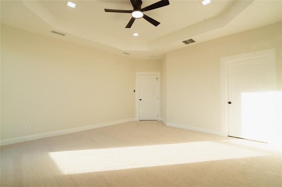 Spare room with a raised ceiling, visible vents, light carpet, and baseboards