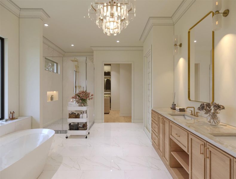 rendering photo-Luxurious master bath featuring a freestanding tub, elegant glass shower, moen fixtures and chic dual vanity, all illuminated by a stunning chandelier.