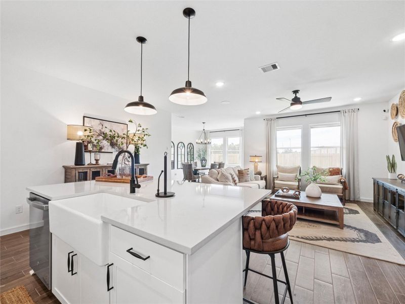 Kitchen island overlooks the living area