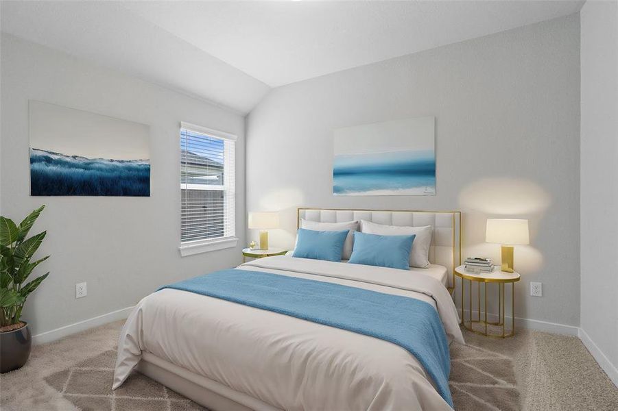 Secondary bedroom features plush carpet, custom paint, lighting, and a large window with privacy blinds.