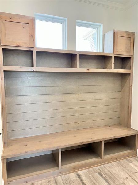 Mudroom featuring crown molding, a sauna, and wood finished floors