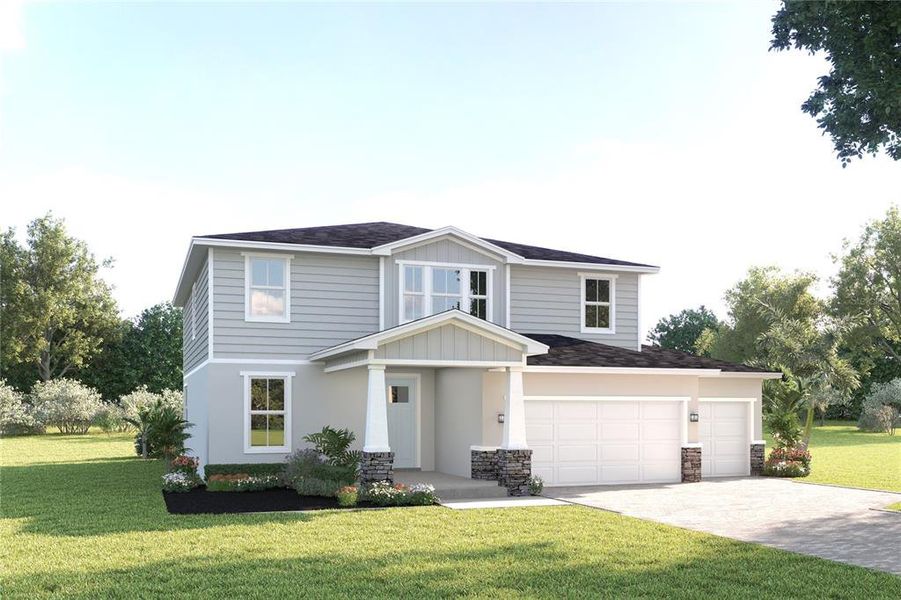 Front exterior of a new home in Lake Mattie Preserve, Auburndale, FL, highlighting curb appeal (Image 1). Front exterior of a new home in Lake Mattie Preserve, Auburndale, FL, highlighting curb appeal (Image 1).